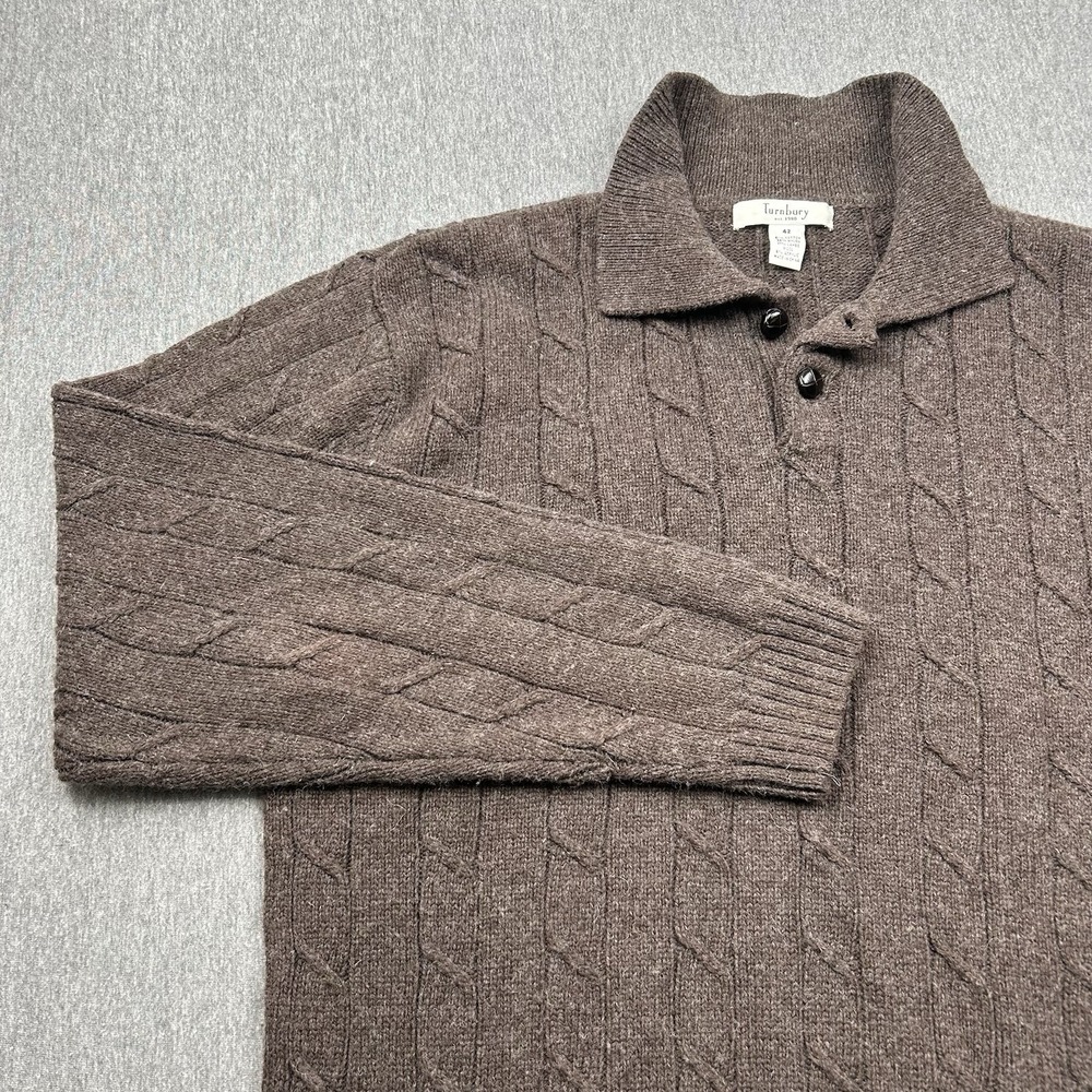 Turnbury Lambswool Blend Sweater Grandpa Men's 42 Brown Cable Knit